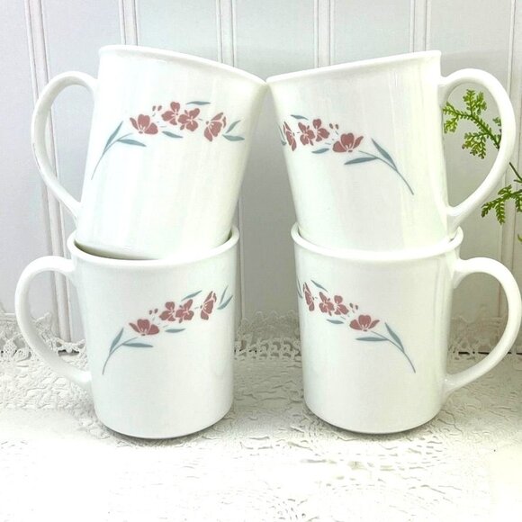 Vintage Corning 4 Silk Blossoms Coffee/Tea Cups 8 oz White Pink - Picture 1 of 10